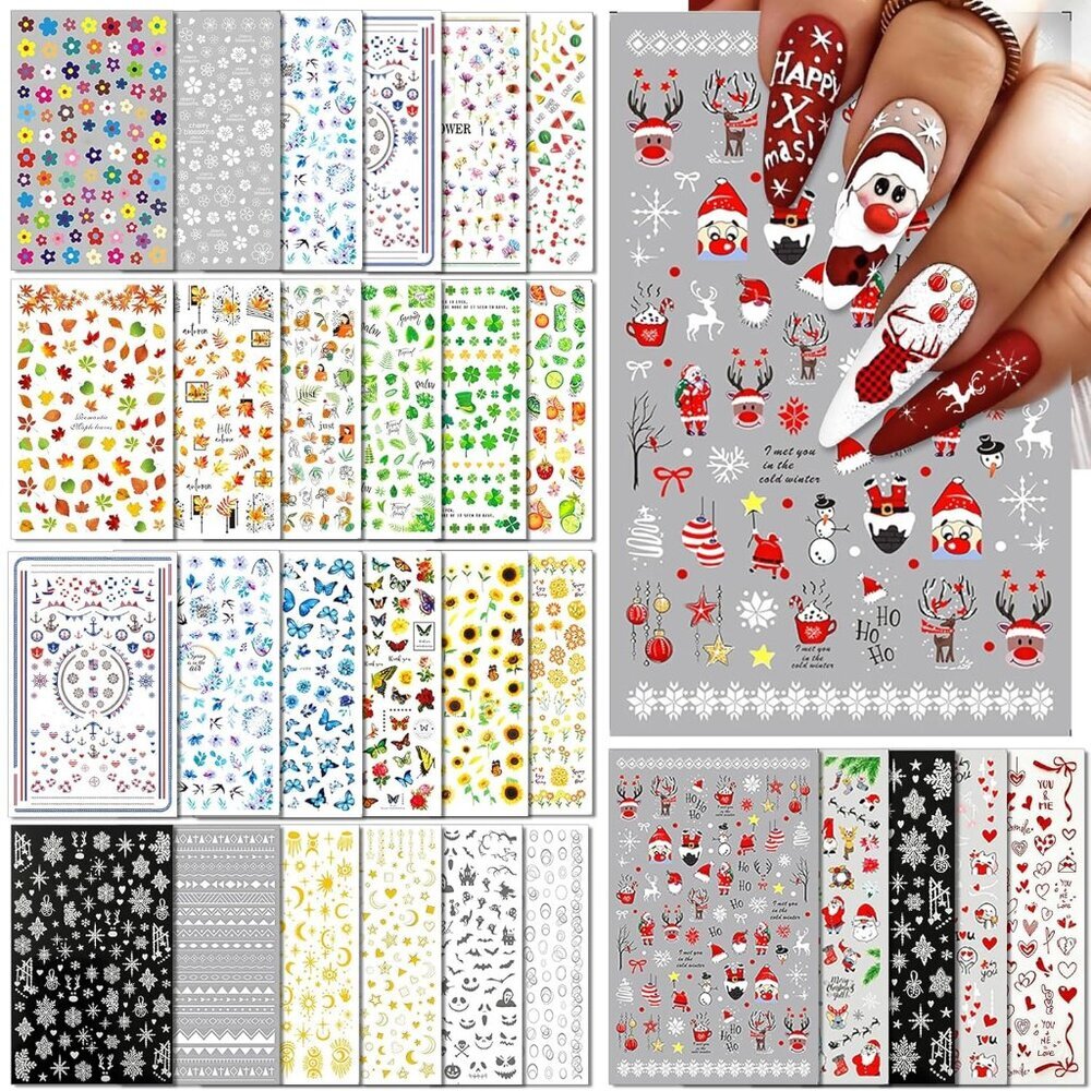 30 Sheets All Holiday Nail Art Stickers, Variety Pack Seasonal Nail Decals, Self
